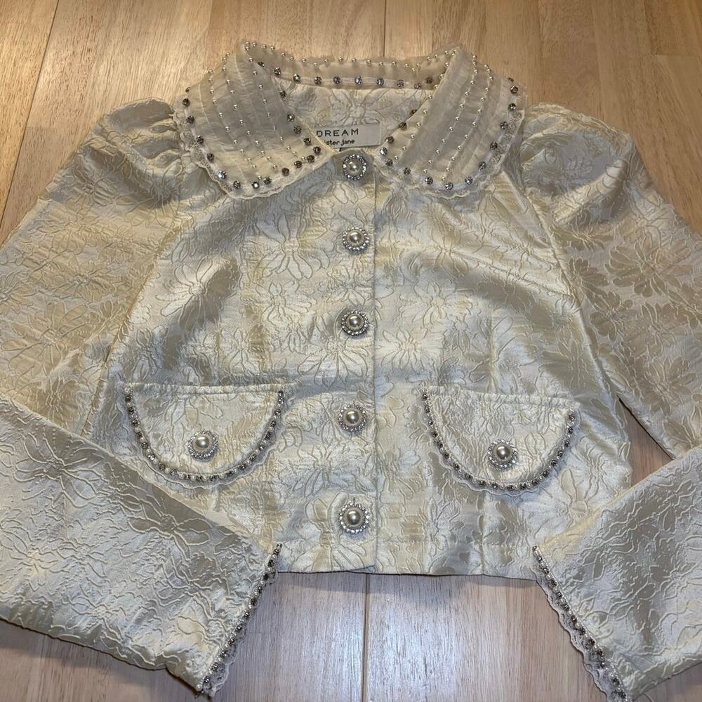 ⁠DREAM Sister Jane NWT Laces Jacquard Embellished Top Pearl Crystal Champagne XS
